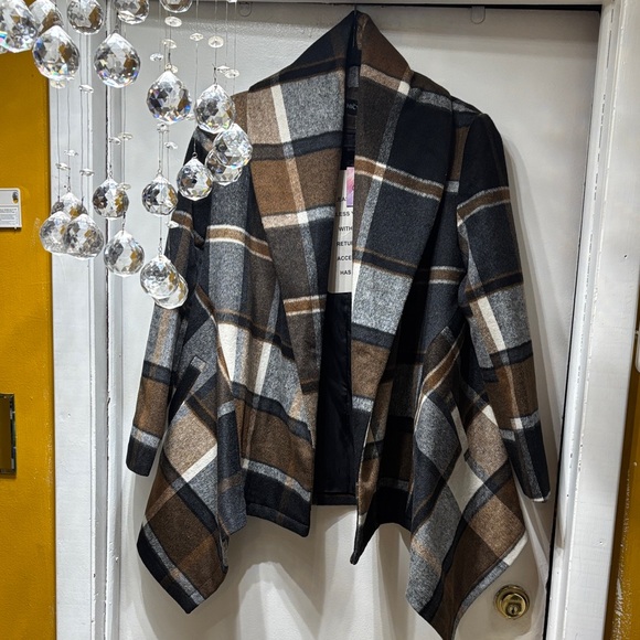 Chicwish Jackets & Blazers - Chicwish Plaid Cape Jacket in Black, Gray, and Brown